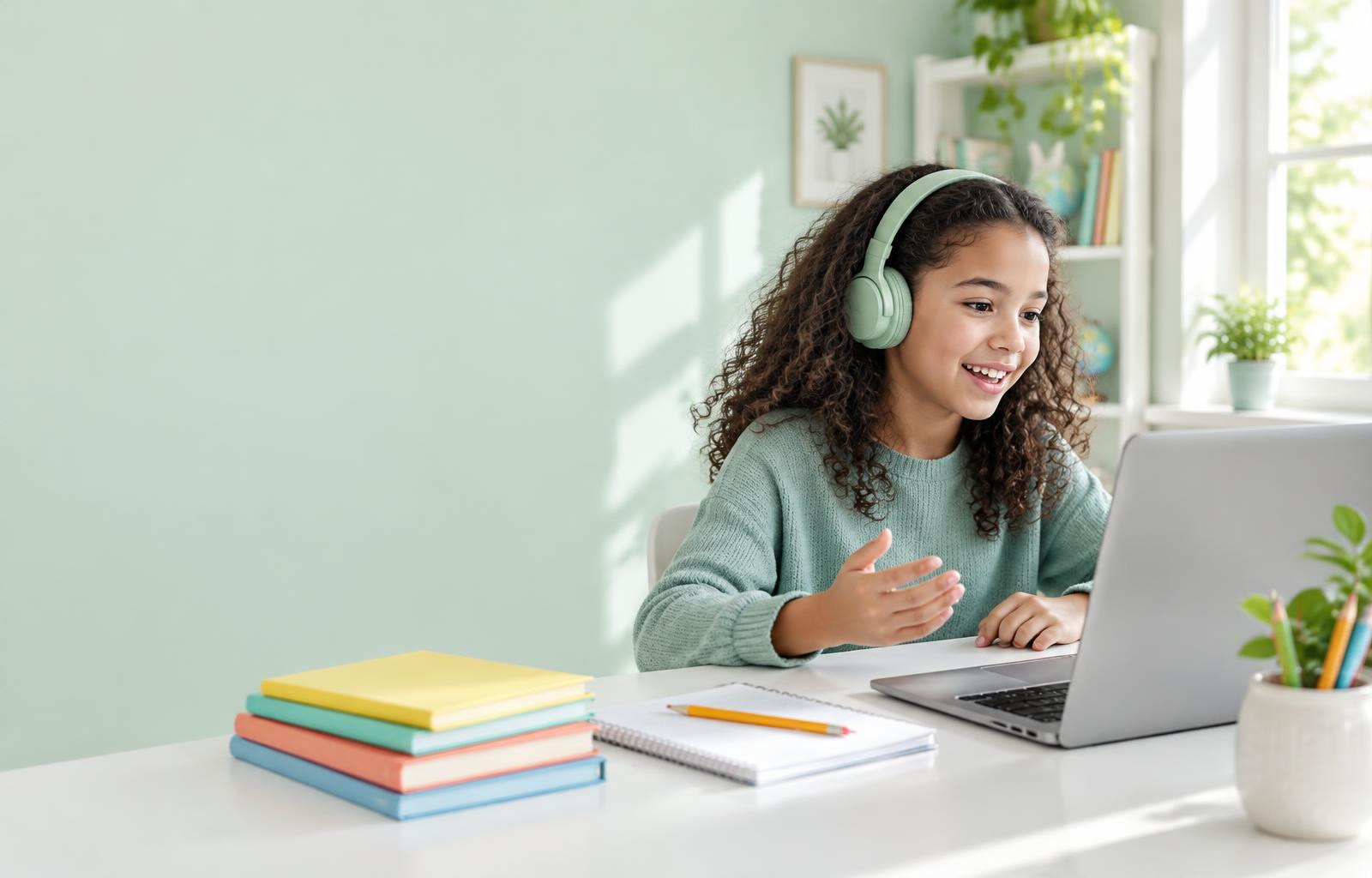 A young learner practising with headphones at her laptop